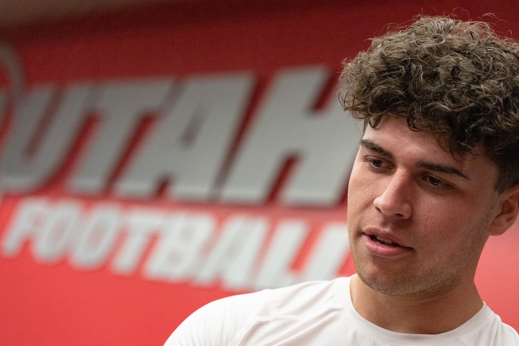 (Francisco Kjolseth | The Salt Lake Tribune) University of Utah football linebacker Ethan Calvert speaks with the media on Wednesday, Aug. 12, 2021. 