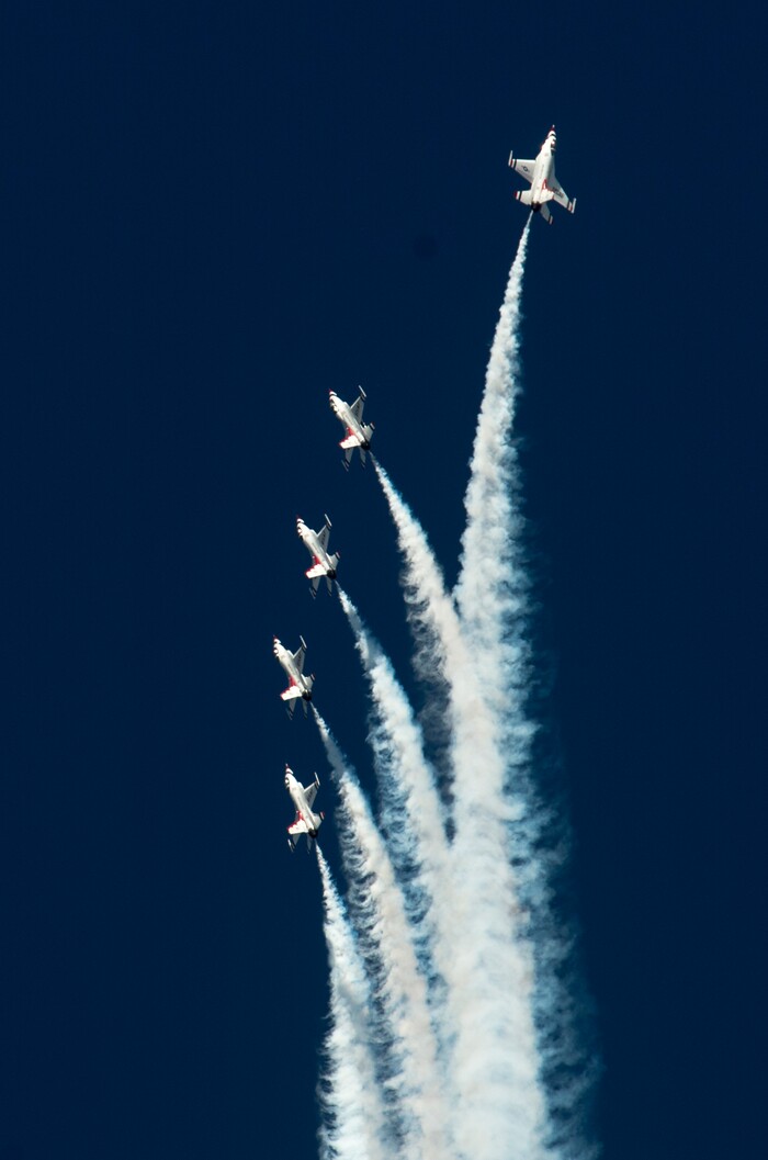 (Rick Egan  |  The Salt Lake Tribune)    The U.S.A.F. Thunderbirds perform at the Warriors Over the Wasatch airshow at Hill Airforce Base, Sunday, June 24, 2018.