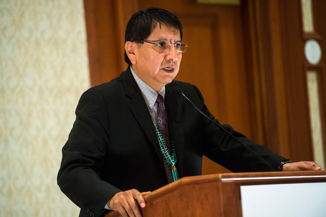 (Chris Detrick  |  The Salt Lake Tribune) Jonathan Nez, Vice President, Navajo Nation, speaks during a press conference at the Salt Lake Marriott City Center Monday, December 4, 2017.  