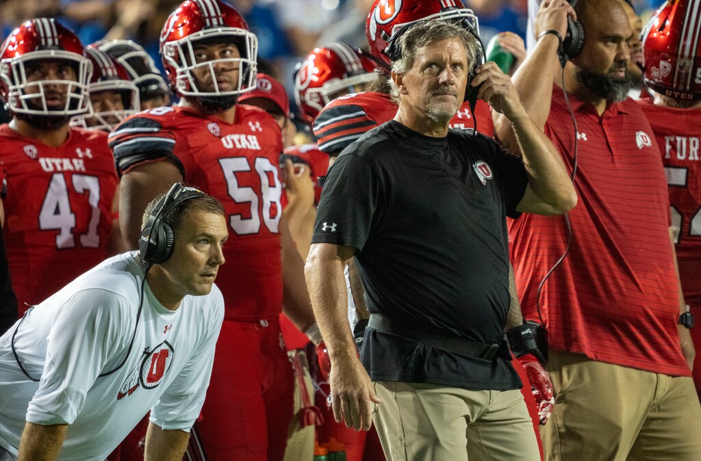 (Rick Egan | The Salt Lake Tribune) Utah Utes head coach Kyle Whittingham checks out the scoreboard as the Utes tail the Cougars, late in the 4th quarter, in football action between the Utah Utes and the Brigham Young Cougars at Lavell Edwards Stadium in Provo, on Saturday, Sept. 11, 2021.