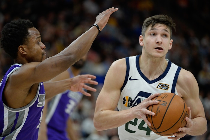 (Francisco Kjolseth  |  The Salt Lake Tribune)  Sacramento Kings guard Yogi Ferrell (3) pressures Utah Jazz guard Grayson Allen (24) as the Utah Jazz host the Sacramento Kings in their NBA game at Vivint Smart Home Arena Friday, April 5, 2019, in Salt Lake City.