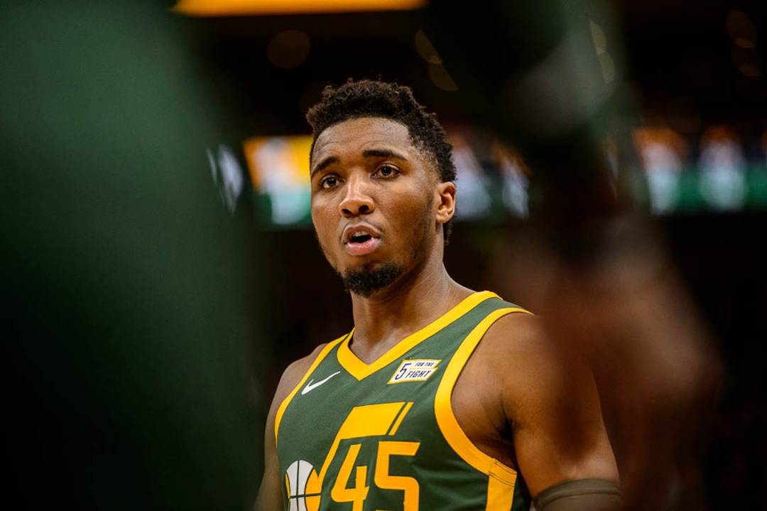 (Trent Nelson | The Salt Lake Tribune)  Utah Jazz guard Donovan Mitchell (45) as the Utah Jazz host the Milwaukee Bucks, NBA basketball in Salt Lake City on Saturday March 2, 2019.
