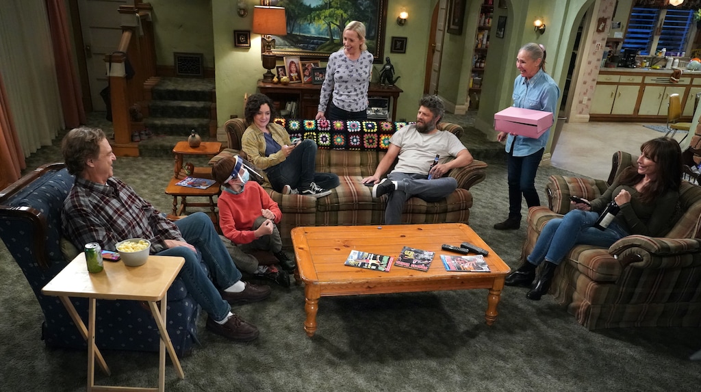 (Photo courtesy of Eric McCandless/ABC)  John Goodman, left, Ames McNamara, Sara Gilbert, Lecy Goranson, Jay R. Ferguson, Laurie Metcalf and Katey Sagal star in "The Conners."