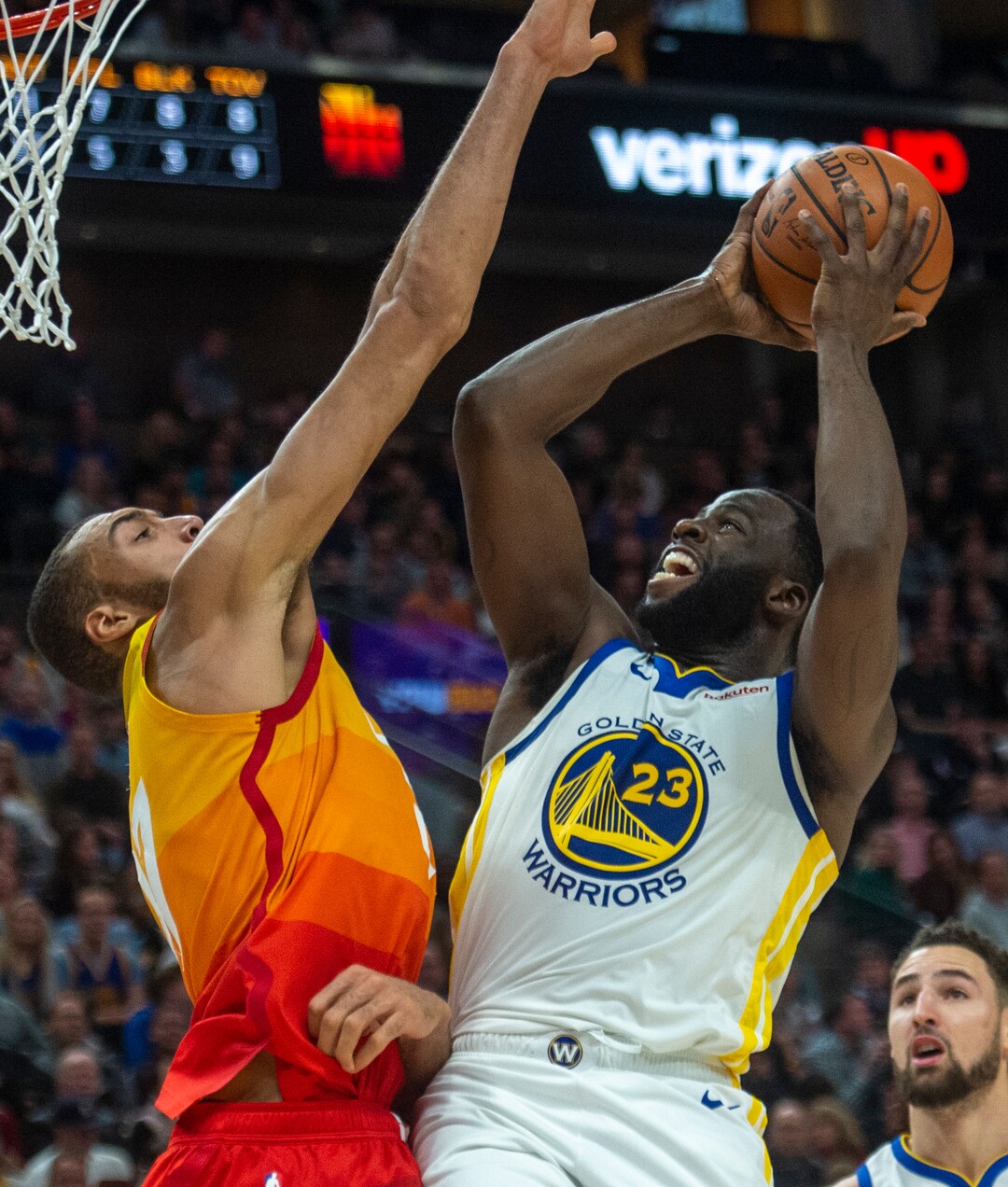 (Rick Egan  |  The Salt Lake Tribune)  Utah Utah Jazz center Rudy Gobert (27) prepares to block a shot by Golden State Warriors forward Draymond Green (23), in NBA action between Utah Jazz and Golden State Warriors, in Salt Lake City, Wednesday, Dec. 19, 2018.