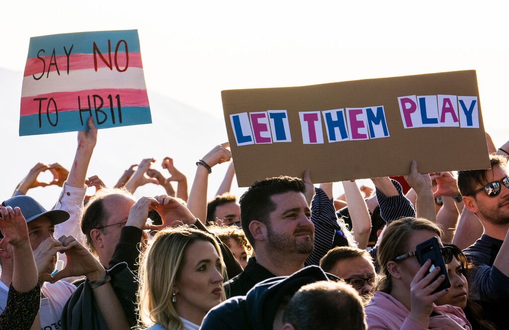 (Rick Egan | The Salt Lake Tribune) Protesters on the steps of the Capitol, in support of transgender youth, on Thursday, March 24, 2022.