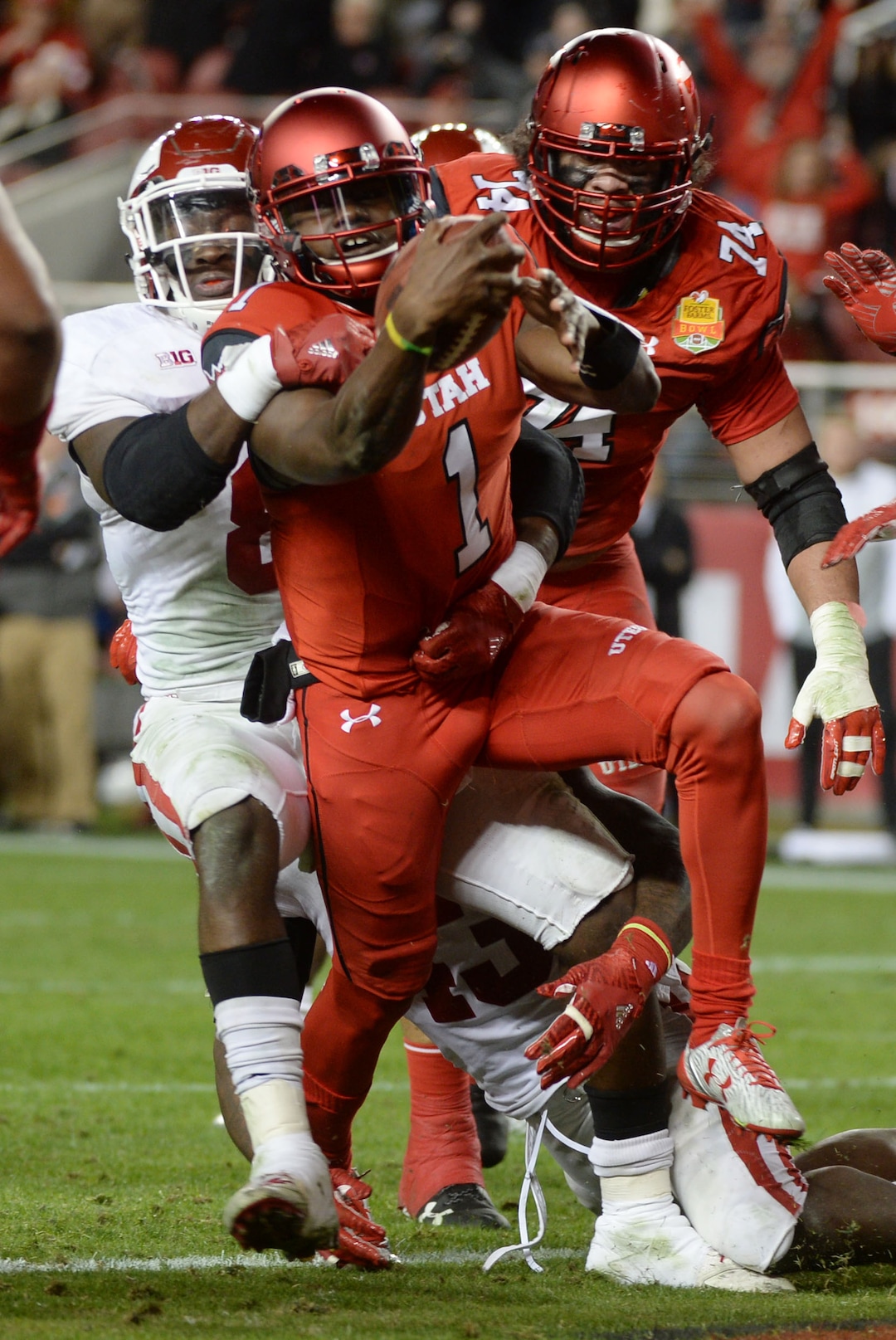 Steve Griffin / The Salt Lake TribuneUtah Utes quarterback Tyler Huntley (1)powers his way into the end zone during the Foster Farms Bowl at Levi's Stadium in Santa Clara California  Wednesday December 28, 2016. 