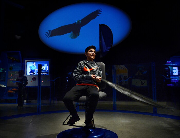 (Scott Sommerdorf | The Salt Lake Tribune) Eric DeLaPaz from Emerson Elementary School feverishly flaps a "wing" in order to make his chair rotate as he experiences what it takes to make a bird fly, part of a new exhibit at the Utah Museum of Natural History, Wednesday, Feb., 7, 2018. "Nature's Ultimate Machines" is the UMNH special exhibition exploring the workings of plants and animals and how they rely on finely-tuned natural devices to move, adapt and survive.