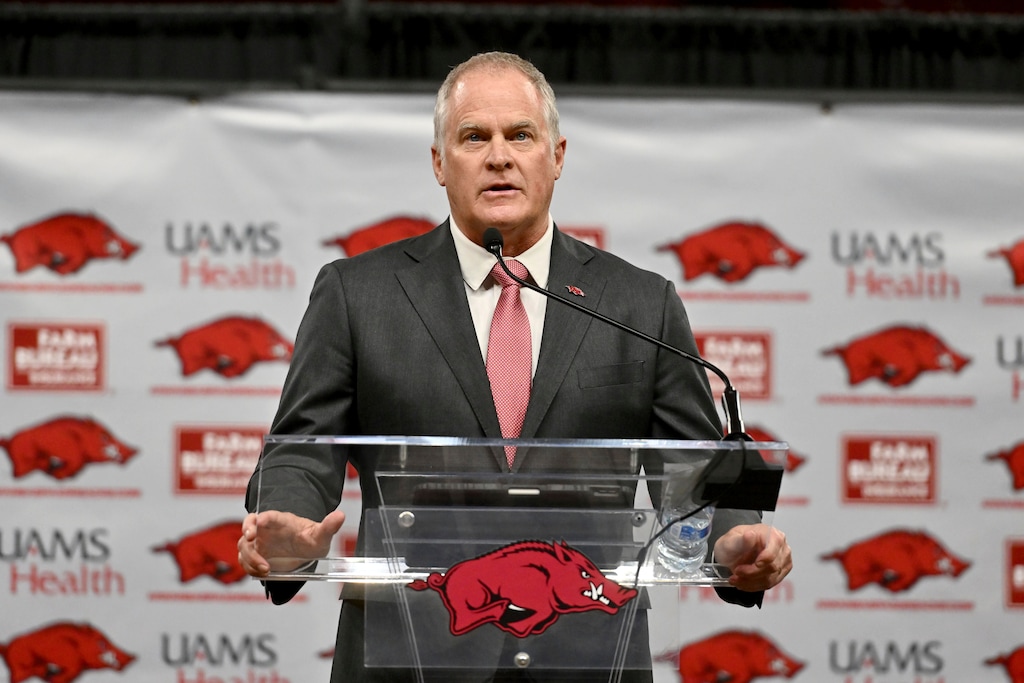 (Michael Woods | AP) Hunter Yurachek, Arkansas vice chancellor and director of athletics, speaks during a news conference, Wednesday, April 10, 2024, in Fayetteville, Ark.