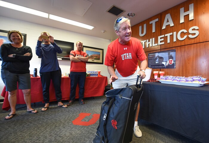 (Francisco Kjolseth  |  The Salt Lake Tribune)  University of Utah athletic director Chris Hill packs away a few of his favorite treats as he says goodbye to friends and staff at the Huntsman Center on Friday, June 1, 2018, after 31 years on the job.