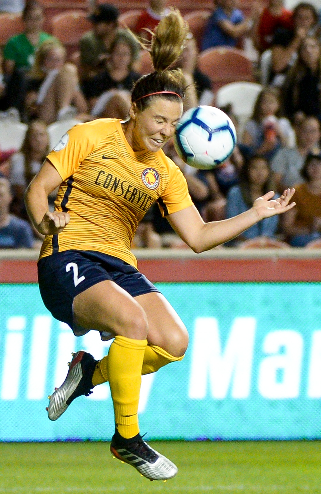 (Leah Hogsten  |  The Salt Lake Tribune) Utah Royals FC defender Rachel Corsie (2) dodges getting hit in the face as the Utah Royals FC host Sky Blue FC, August 7, 2019 at Rio Tinto Stadium.