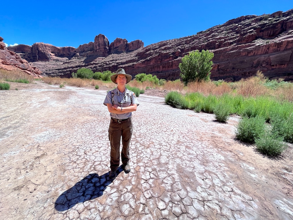 (David Condos | KUER) As cottonwood saplings become more scarce, there are fewer young trees ready to replace older ones. Here, Matt McEttrick holds one of the leaves growing from a mature cottonwood tree along the Colorado River, Aug. 19, 2024.