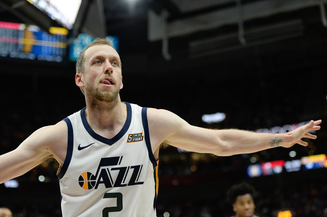 (Francisco Kjolseth  |  The Salt Lake Tribune)  Utah Jazz forward Joe Ingles (2) shows off his wingspan as the Utah Jazz host the Portland Trailblazers in their NBA basketball game at Vivint Smart Home Arena in Salt Lake City on Wed. Oct. 16, 2019.