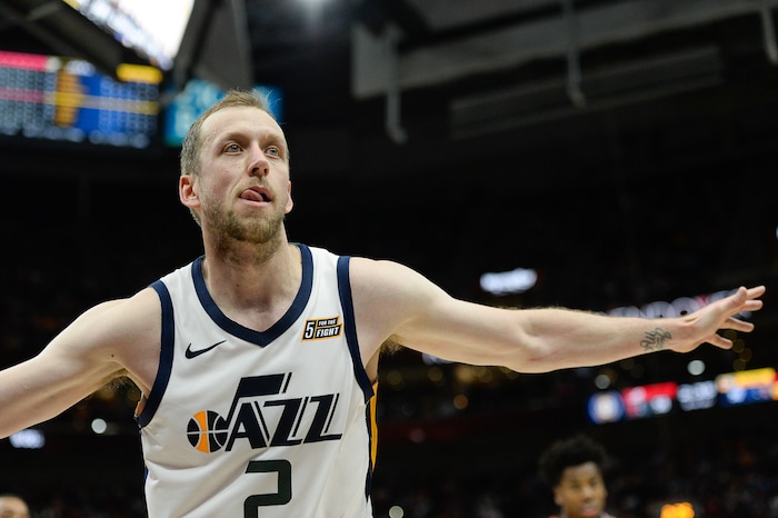 (Francisco Kjolseth  |  The Salt Lake Tribune)  Utah Jazz forward Joe Ingles (2) shows off his wingspan as the Utah Jazz host the Portland Trailblazers in their NBA basketball game at Vivint Smart Home Arena in Salt Lake City on Wed. Oct. 16, 2019.