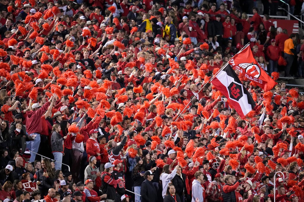 (Bethany Baker  |  The Salt Lake Tribune) Utah fans cheer during the game between the Utes and the Colorado Buffaloes at Rice-Eccles Stadium on Oct. 25.