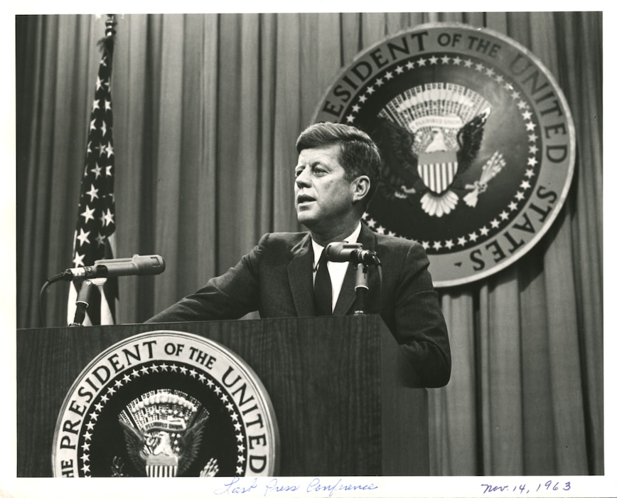 Photo courtesy Nancy LarsonA hand written note on this photo of President John F. Kennedy says, "Last press conference, Nov. 14, 1963". The photo is from the personal collection of Nancy Larson, who worked in the White House press office at the time.