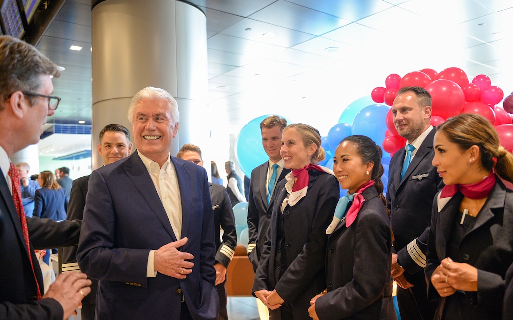 (Chris Samuels | The Salt Lake Tribune) Elder Dieter F. Uchtdorf, an apostle in The Church of Jesus Christ of Latter-day Saints, greets the Eurowings Discover flight crew after arriving at Salt Lake City International Airport, Monday, May 23, 2022, the first nonstop flight from Frankfurt, Germany.