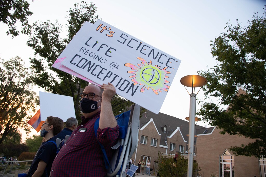 (Francisco Kjolseth  |  The Salt Lake Tribune) Pro-life groups join supporters and protesters of President Donald Trump rally near Kingsbury Hall on the University of Utah campus in Salt Lake City on Wednesday, Oct. 7, 2020, during the vice presidential debate.