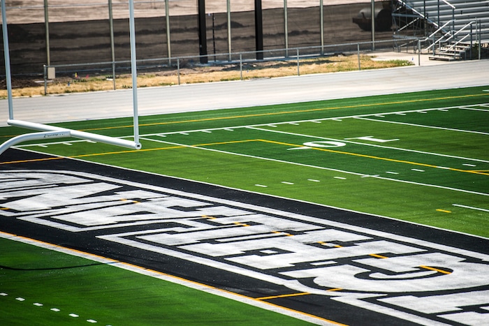 (Chris Detrick  |  The Salt Lake Tribune)  The artificial turf football field at Highland High School Friday July 3, 2015.   