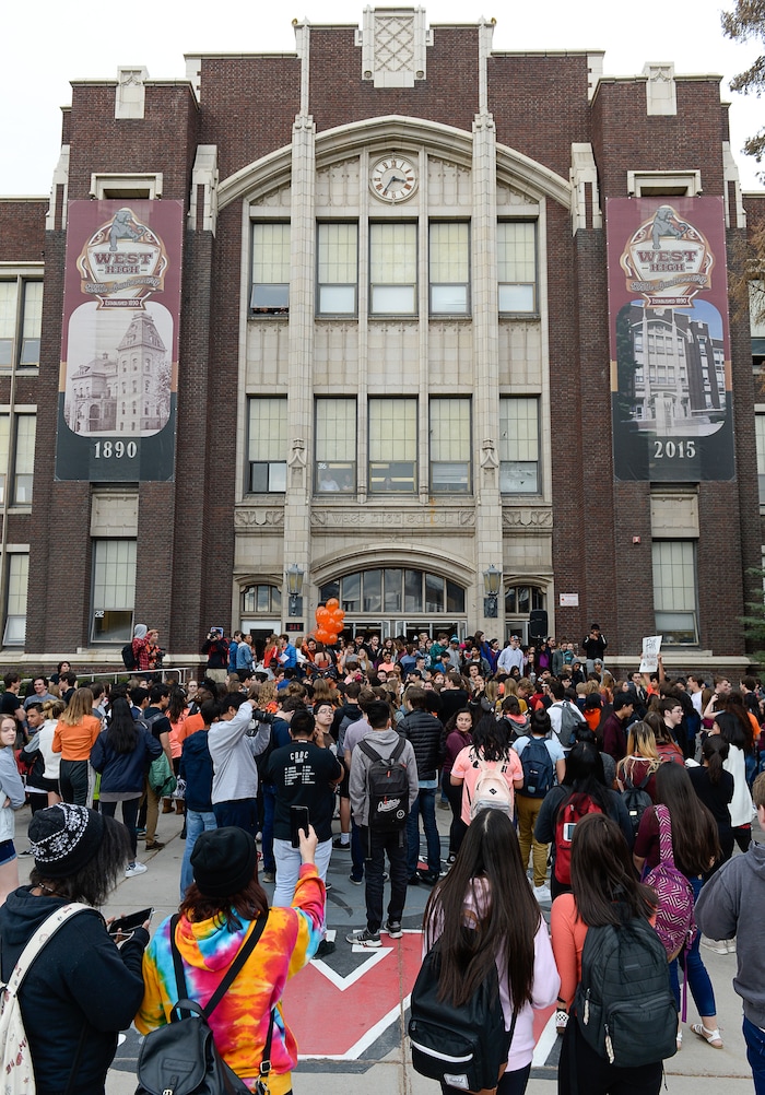 (Francisco Kjolseth  |  The Salt Lake Tribune)  West High School students walk out of classes in Salt Lake, during a student walkout on Wed. March 14, 2018. Students in Utah and around the country planned the large-scale coordinated demonstration to protest gun violence and memorialize victims of last month's mass shooting at Marjory Stoneman Douglas High School in Parkland, Fla.