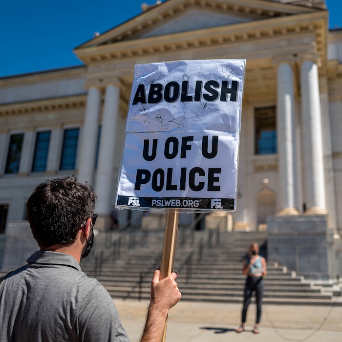 (Trent Nelson | The Salt Lake Tribune) Protesters at the University of Utah in Salt Lake City on Thursday, Sept. 3, 2020. The protest called for President Ruth Watkins to resign and for the campus police department to be dissolved..