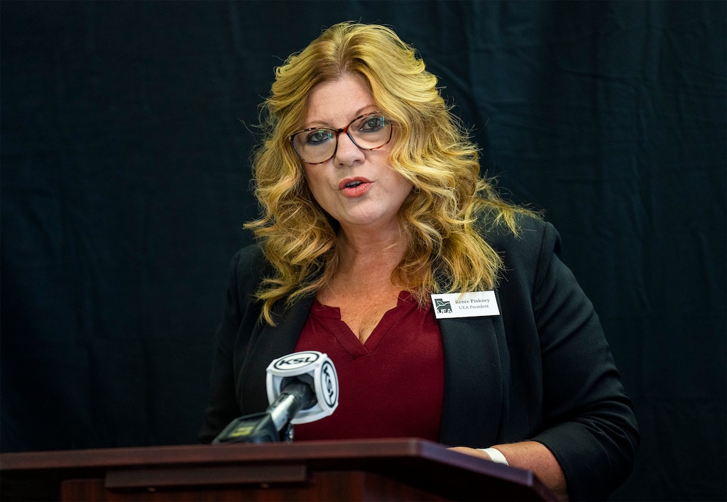 (Rick Egan | The Salt Lake Tribune)  Renée Pinkney, president of the Utah Education Association, speaks at a news conference opposing Amendment A, in Murray, on Thursday, Sept. 19, 2024.