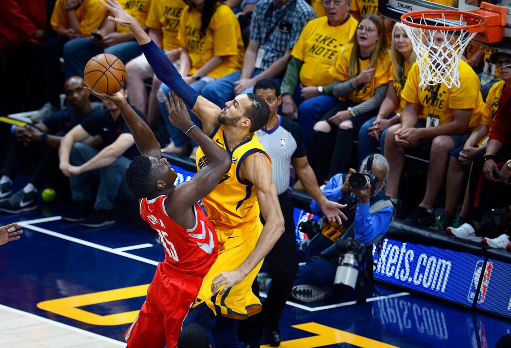 (Scott Sommerdorf | The Salt Lake Tribune)Utah Jazz center Rudy Gobert (27) blocks this shot by Houston Rockets center Clint Capela (15) during first half play. The Rockets led the Jazz 58-48 at the half, Sunday, May 6, 2018.
