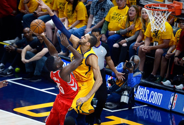 (Scott Sommerdorf | The Salt Lake Tribune)
Utah Jazz center Rudy Gobert (27) blocks this shot by Houston Rockets center Clint Capela (15) during first half play. The Rockets led the Jazz 58-48 at the half, Sunday, May 6, 2018.