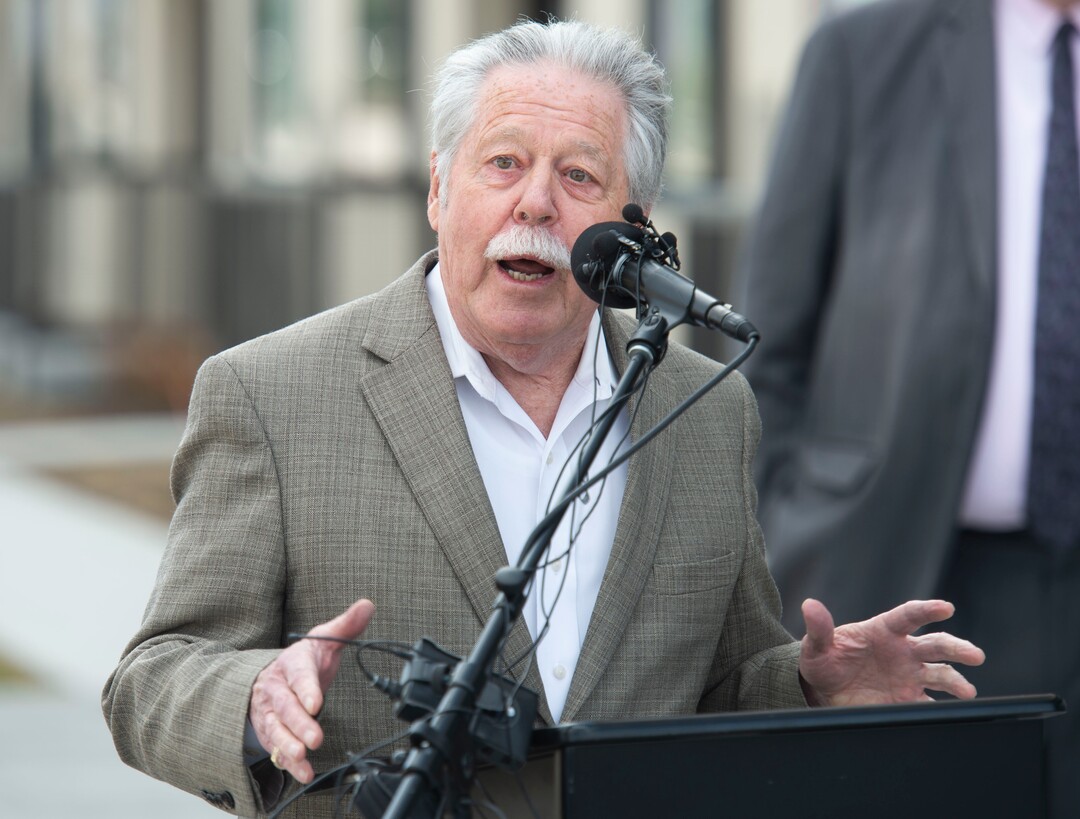 (Rick Egan  |  The Salt Lake Tribune)      Sen. Gene Davis makes a few comments at the celebration of the new double-track rail line for the S-Line Sugar House Streetcar, Friday, April 5, 2019.