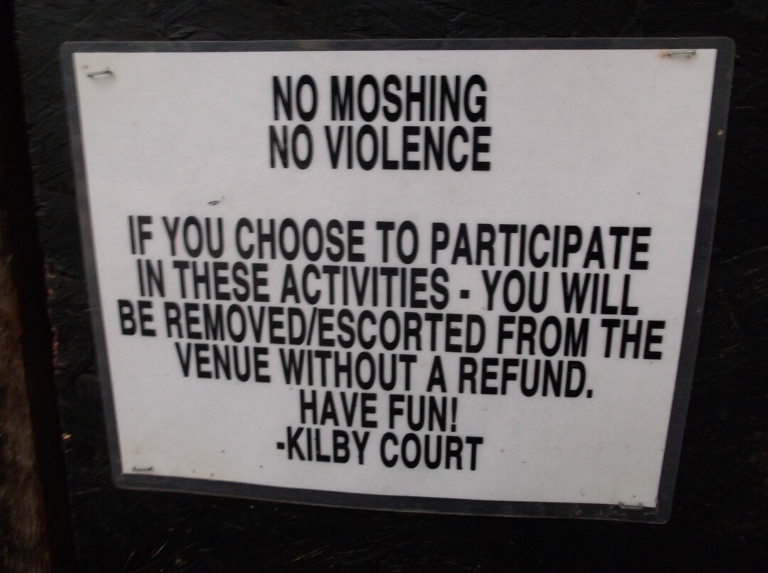 Sean P. Means  |  The Salt Lake TribuneA sign at Kilby Court, the all-ages Salt Lake City music venue, sets forth the rules against moshing and other violence.