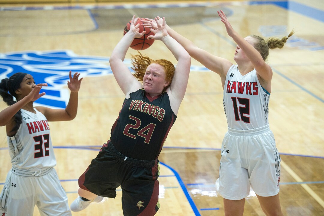 (Chris Detrick  |  The Salt Lake Tribune)  Alta's Mina Sete (32) Viewmont's Hannah Simonson (24) and Alta's Ally Braithwaite (12) go for a rebound during the game at Pleasant Grove High School Thursday, November 30, 2017.  Viewmont defeated Alta 65-44.
