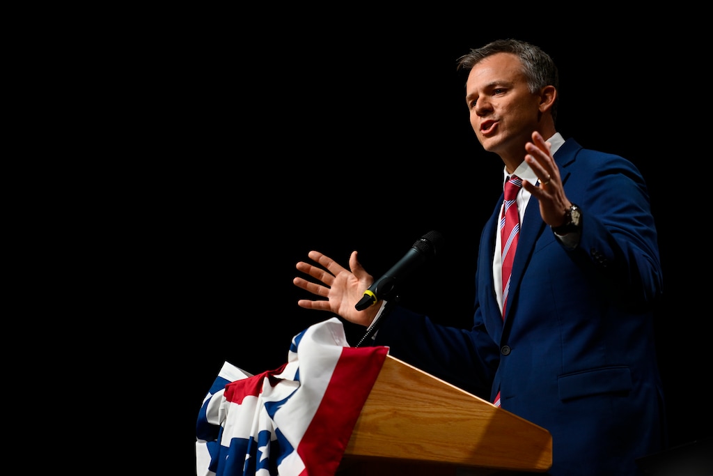 (Alex Goodlett | Special to The Tribune) U.S. Rep. Blake Moore speaks during the 2026 GOP nominating convention at Utah Valley University on Saturday, April, 25 2026 in Orem.