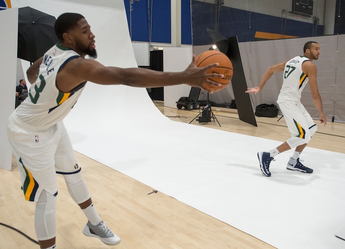 (Rick Egan  |  The Salt Lake Tribune) Utah Jazz forward, Royce O'Neale, catches a pass from Rudy Gobert, during the Utah Jazz media day, at the Zions Bank Basketball Center, Monday, September 25, 2017.


