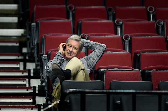 (Scott Sommerdorf  |  Tribune File Photo)  Utah Athletic Director, Dr. Chris Hill speaks on his phone as the Utes practice at the Moda Center in Portland, Wednesday, March 18, 2015. 
