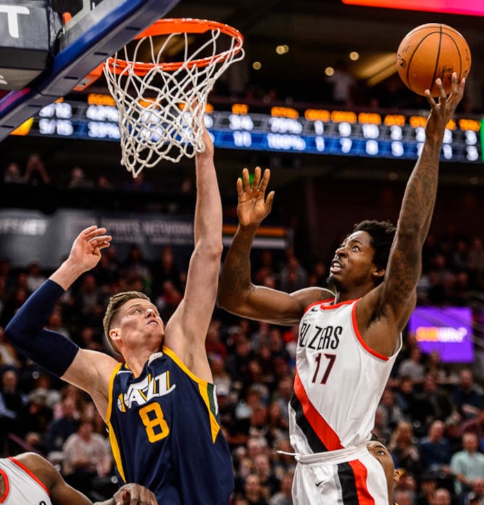 (Trent Nelson | The Salt Lake Tribune)  Portland Trail Blazers forward Ed Davis (17) shoots over Utah Jazz forward Jonas Jerebko (8) as the Utah Jazz host the Portland Trail Blazers, NBA basketball in Salt Lake City, Wednesday November 1, 2017.
