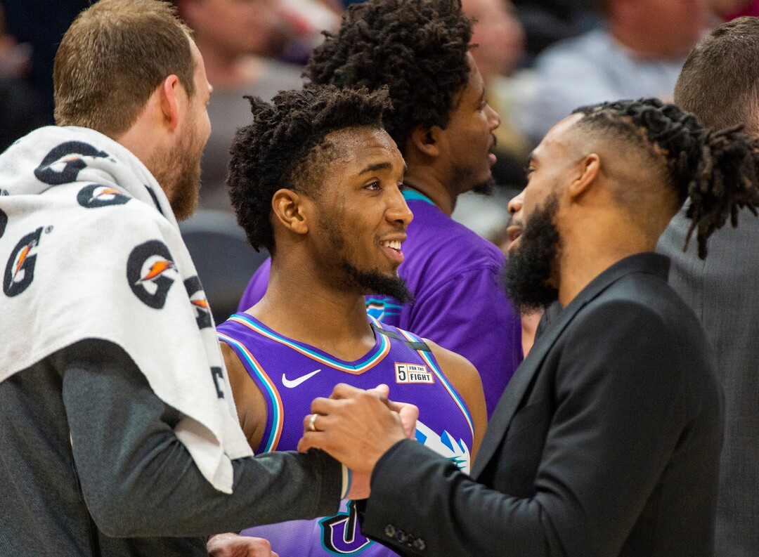(Rick Egan  |  The Salt Lake Tribune)  Utah Jazz forward Joe Ingles (2), Utah Jazz guard Donovan Mitchell (45) and Utah Jazz guard Mike Conley (10) during a break in the action, in NBA action between the Utah Jazz and the New York Knicks, in Salt Lake City, Wednesday, Jan. 8, 2020.