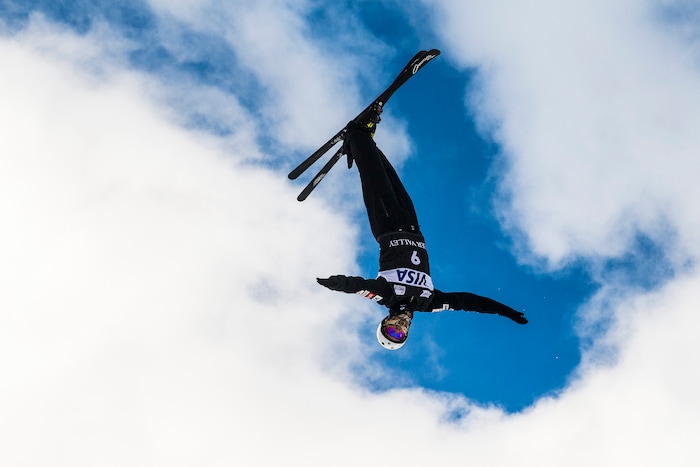 (Chris Detrick | The Salt Lake Tribune) USA freestyle skier Mac Bohonnon jumps during a practice at Deer Valley Resort Wednesday, January 10, 2018.