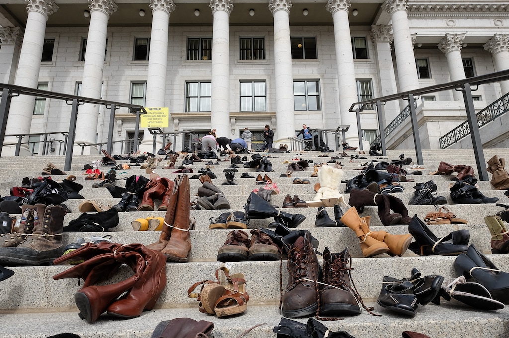 Francisco Kjolseth | The Salt Lake TribuneThe Utah Capitol steps are covered with 600 pairs of shoes on Tuesday, Feb. 21, 2017, representing the lives lost to suicide last year. SB37 sponsored by Sen. Daniel Thatcher, R-West Valley City, calls for a committee of mental health workers and physicians to create a suicide prevention hotline 24 hours a day.