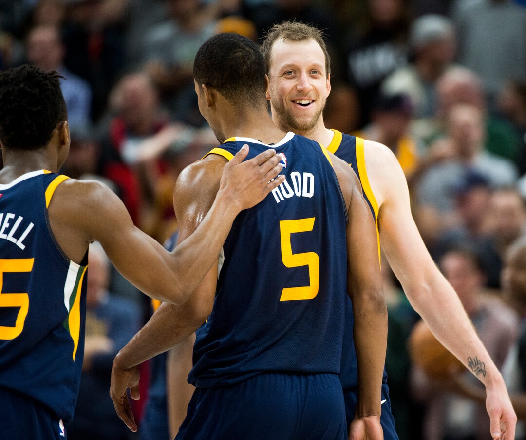 (Rick Egan  |  The Salt Lake Tribune)  Utah Jazz forward Joe Ingles (2) smiles after Utah Jazz guard Rodney Hood (5) was knocked to the ground by Cleveland Cavaliers forward LeBron James (23) attempted a foul, at the end of the game, go after a loos bell, in NBA action Utah Jazz vs Cleveland Cavaliers, in Salt Lake City,  Saturday, December 30, 2017.
