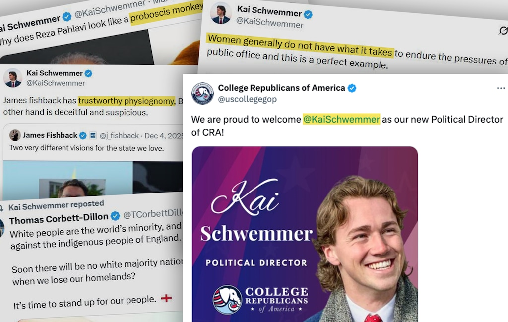 (Kai Schwemmer via X; illustration by Chris Samuels | The Salt Lake Tribune) Screenshots from Kai Schwemmer's X account. The BYU student was named political director of the College Republicans of America.