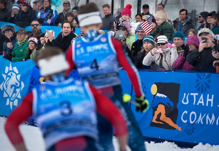 (Scott Sommerdorf   |  The Salt Lake Tribune)   
A crowd estimated to be about 3,000 watches the Nordic Combined cross country race. Bryan Fletcher won the Nordic Combined Olympic Trials in Park City, Saturday, December 30, 2017.