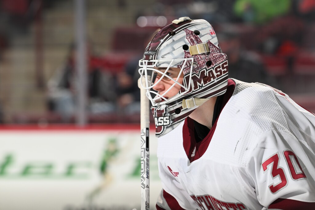 (Thom Kendall | UMass athletics) Goalkeeper Michael Hrabal (30) plays in a NCAA hockey game Jan. 12, 2025.
