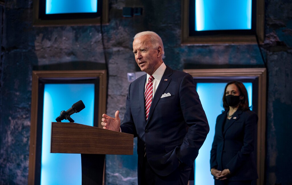 (Ruth Fremson | The New York Times)
President-elect Joe Biden speaks about the economic recovery from the coronavirus pandemic as Vice President-elect Kamala Harris watches, at The Queen theater in Wilmington, Del., on Monday, Nov. 16, 2020. "The same logic that predicted sluggish recovery from the last big slump points to a much faster recovery this time around -- again, once the pandemic is under control," writes New York Times opinion columnist Paul Krugman.