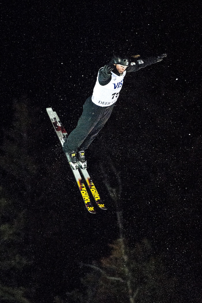 (Chris Detrick  |  The Salt Lake Tribune)  USA's Madison Olsen (15) competes in the Ladies' Aerial Finals during the FIS Visa Freestyle International Ski World Cup at Deer Valley Resort Friday, January 12, 2018.  Olsen finished in fourth place with a score of 81.78.