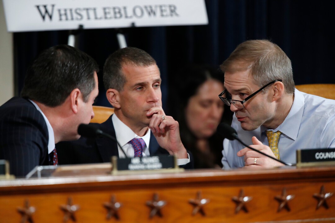 (Alex Brandon  |  AP photo) Ranking member Rep. Devin Nunes of Calif.,left, Steve Castor, the Republican staff attorney, center, and Rep. Jim Jordan, R-Ohio, huddle as U.S. Ambassador to the European Union Gordon Sondland testifies before the House Intelligence Committee on Capitol Hill in Washington, Wednesday, Nov. 20, 2019, during a public impeachment hearing of President Donald Trump's efforts to tie U.S. aid for Ukraine to investigations of his political opponents. 