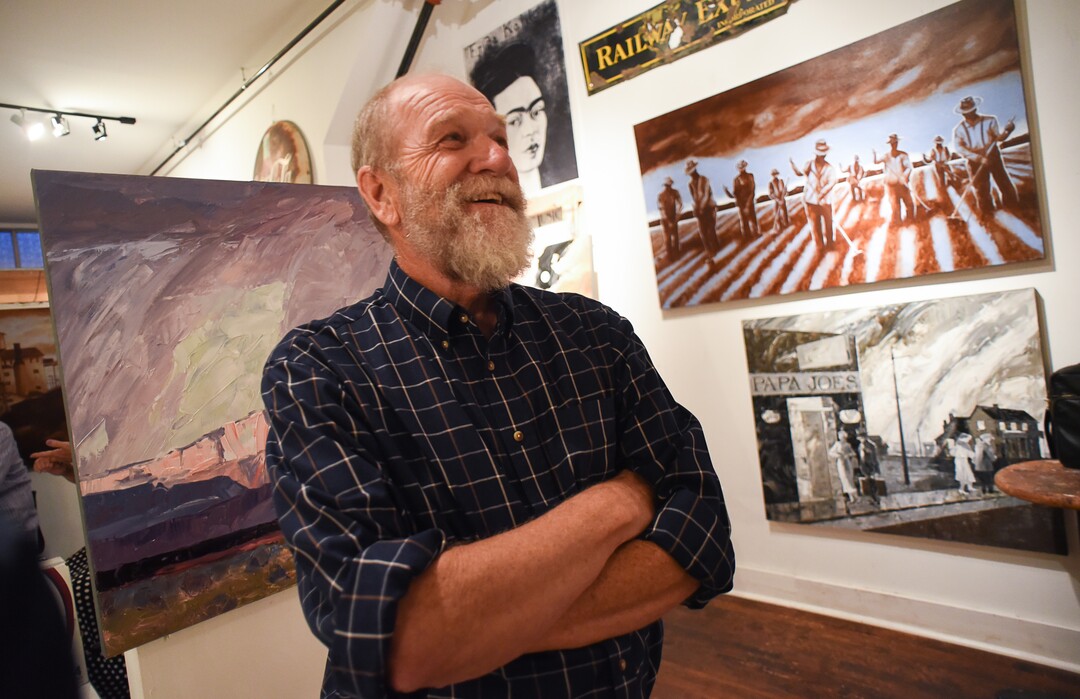 (Francisco Kjolseth  |  The Salt Lake Tribune)  Artist David Richey Johnsen talks about his work at the Boxcar Gallery in Helper, Utah which he owns with partner and fellow painter Thomas Elmo Williams, a former coal miner turned artist from West Virginia injured in a mining accident. The two are part of the community of artists who have made the historic mining town their home.