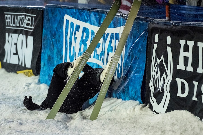 (Chris Detrick  |  The Salt Lake Tribune)  USA's Madison Varmette (30) hits the padded wall after competing in the Ladies' Aerial Finals during the FIS Visa Freestyle International Ski World Cup at Deer Valley Resort Friday, January 12, 2018.  Varmette finished in sixth place with a score of 71.92.