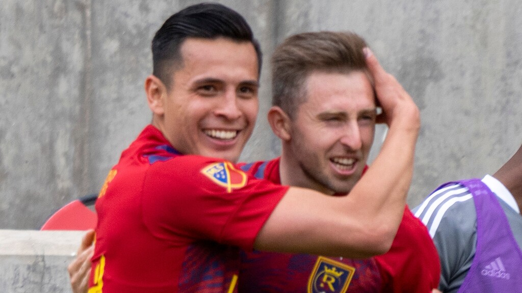 (Rick Egan | The Salt Lake Tribune) Real Salt Lake's Andrew Brody, right, show with teammate Rubio Rubin during a game last season, scored the decisive goal as Real Salt Lake beat the host Seattle Sounders 2-1 on Sunday night, Aug. 14, 2022.
