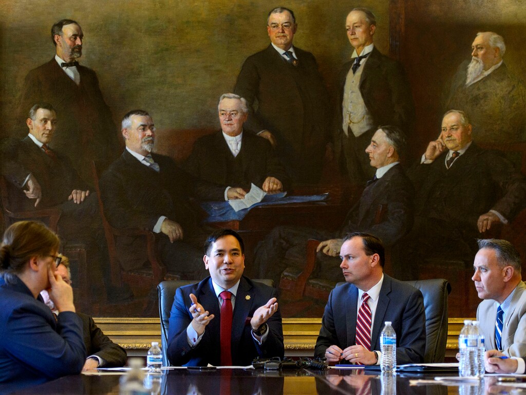 (Steve Griffin  |  The Salt Lake Tribune) Utah Attorney General Sean Reyes announces that Senator Mike Lee, second from right, will join the leadership of the Utah Opioid Task Force during a news conference at the State capitol in Salt Lake City Tuesday May 1, 2018.