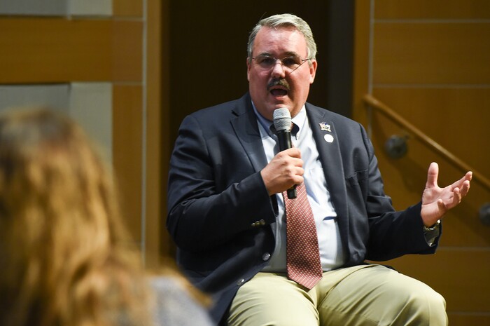 (Francisco Kjolseth | The Salt Lake Tribune) Rep. Lee Perry, R-Perry, a Utah Highway Patrol lieutenant, who sponsored a new bill to provide confidentiality to first responders who talk to peer-support groups, speaks during a Salt Lake Tribune panel discussion on police officers and firefighters and mental health issues at the Salt Lake Public Library on Thursday, May 24, 2018.