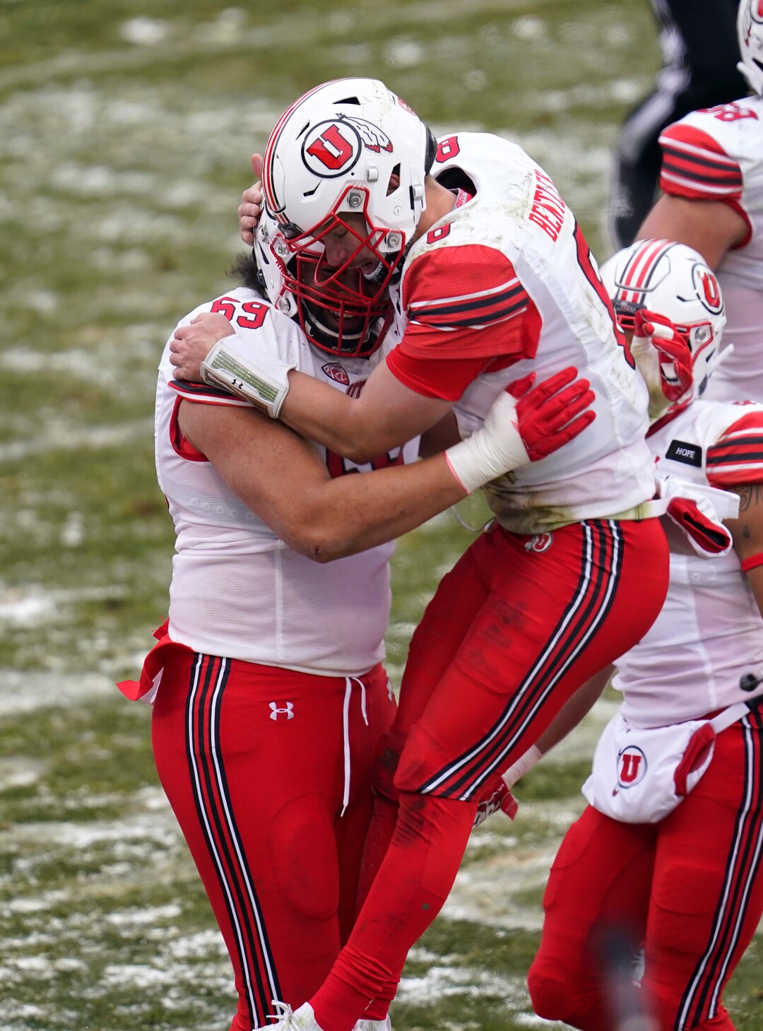 (David Zalubowski |AP file photo) Utah quarterback Jake Bentley, right, celebrates with offensive lineman Simi Moala after a touchdown run by running back Ty Jordan in the second half of an NCAA college football game against Colorado Saturday, Dec. 12, 2020, in Boulder, Colo. Utah won 38-21. Jordan died this week in Texas.